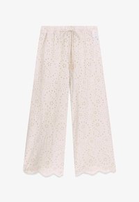 Pantalones beige claro de pierna ancha con bordado floral de ojales, cintura elástica, cordón y dobladillo festoneado.