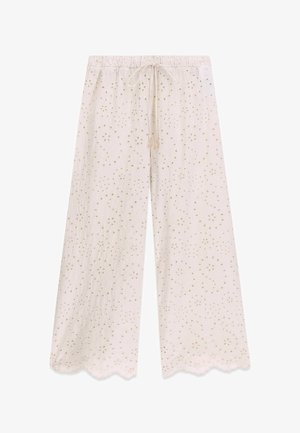 Jasnobeżowe spodnie z szerokimi nogawkami, z kwiatowym haftem ażurowym, elastycznym paskiem, troczkiem i falowanym obszyciem.
