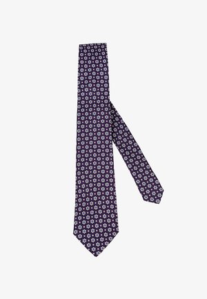 Dark blue necktie with a repeating pattern of small white and light blue flowers, laid flat on a white background.