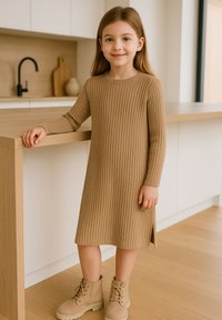 Gestricktes, geripptes Kleid in Hellbraun mit langen Ärmeln und seitlichen Schlitzen. Kombiniert mit hellbraunen Stiefeletten mit Schnürsenkeln und dicken Sohlen.