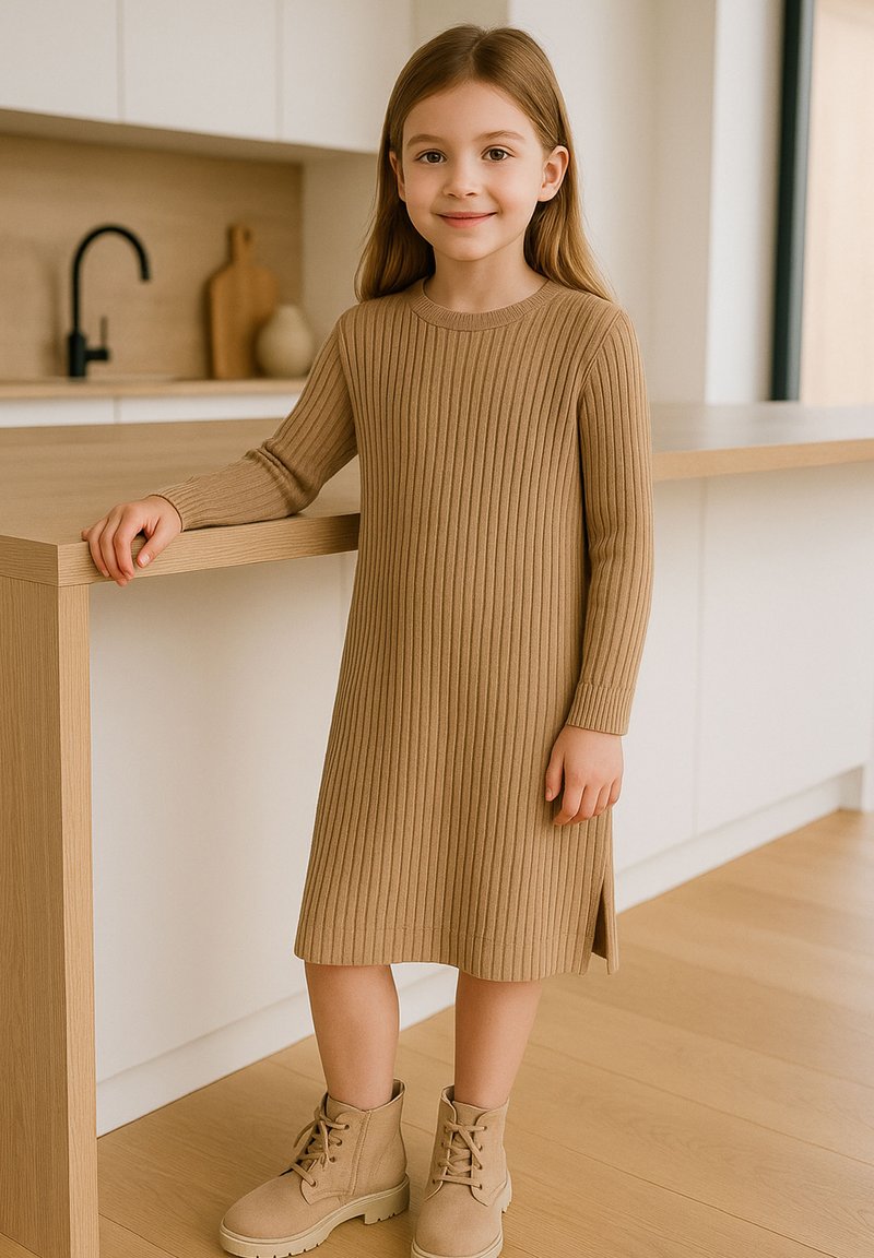 Gestricktes, geripptes Kleid in Hellbraun mit langen Ärmeln und seitlichen Schlitzen. Kombiniert mit hellbraunen Stiefeletten mit Schnürsenkeln und dicken Sohlen.