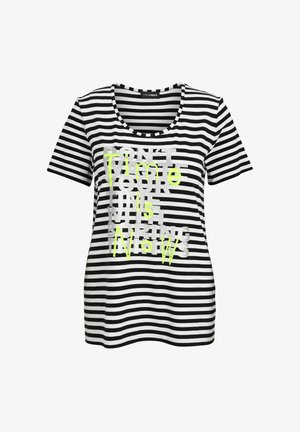 Black and white striped t-shirt with a scoop neck, featuring neon yellow and silver text: "DON'T WASTE YOUR TIME WITH BORING NOW."