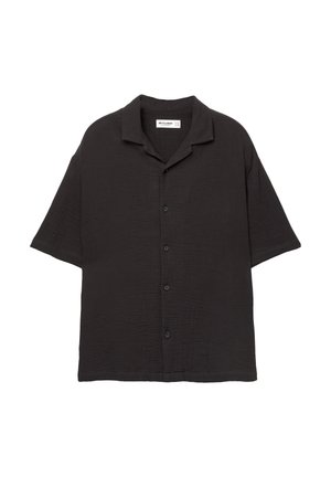Camicia nera a maniche corte realizzata in tessuto strutturato, con una vestibilità rilassata, colletto e cinque bottoni sulla parte anteriore.