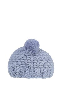 Light purple knitted beanie with a textured pattern, finished with a soft matching pompom on top.