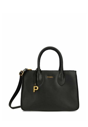 Schwarze, strukturierte Lederhandtasche mit zwei Griffen, abnehmbarem Schulterriemen, goldfarbenem "PICARD"-Logo und einem goldfarbenen "P"-Anhänger vorne.
