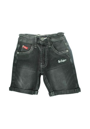 Shorts en denim noir avec ourlets repliés, coutures claires, deux poches avant et un patch de marque affichant "Le Coq Sportif".