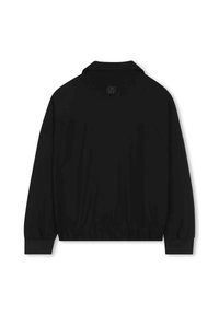 Sweatshirt noir avec un col, des poignets élastiques et un ourlet. Présente un logo discret à l'arrière du cou. Texture lisse, coupe décontractée.