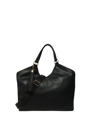 Sac en cuir noir texturé avec double poignée, bandoulière réglable, charm en gland et motif de clous subtil sur le devant.