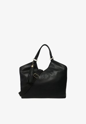 Sac en cuir noir texturé avec double poignée, bandoulière réglable, charm en gland et motif de clous subtil sur le devant.
