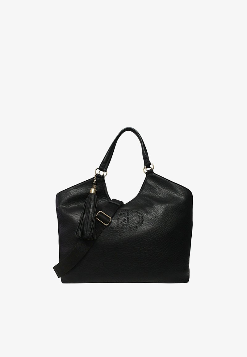 Sac en cuir noir texturé avec double poignée, bandoulière réglable, charm en gland et motif de clous subtil sur le devant.