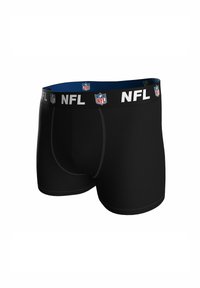 Boxers ajustados para hombres negros con logotipos de la NFL y letras blancas "NFL" en la cinturilla contra un fondo blanco.
