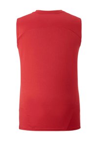 Rotes ärmelloses Tanktop aus glattem Stoff, mit gerippter Textur und einem runden Ausschnitt sowie einem geraden Saum am unteren Ende.