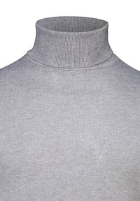 Grauer Rollkragenpullover aus Strickstoff. Er hat einen gerippten Ausschnitt und eine glatte Textur im gesamten Körper.