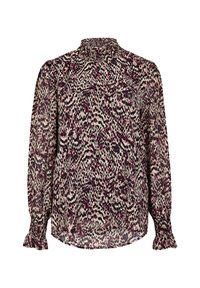 Blusa a maniche lunghe in tessuto leggero, caratterizzata da una stampa animale multicolore, colletto arricciato e polsini volant in tonalità scure di rosa e nero.
