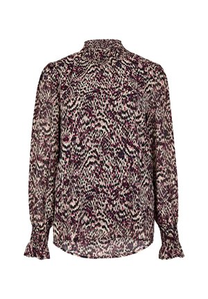 Blouse à manches longues en tissu léger, présentant un imprimé animal multicolore, un col froncé et des poignets volants dans des tons foncés de rose et de noir.