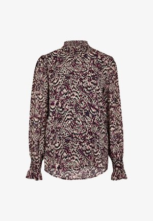 Blusa a maniche lunghe in tessuto leggero, caratterizzata da una stampa animale multicolore, colletto arricciato e polsini volant in tonalità scure di rosa e nero.