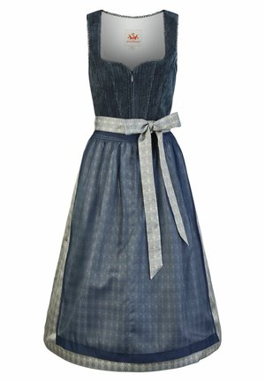 Mouwloze blauwe dirndl-jurk met een nauwsluitend lijfje, een rits aan de voorkant en een bijpassend, patroonrijk schort dat in een strik om de taille is gebonden.