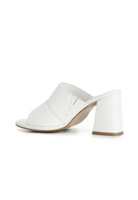 Sandalias de tacón cuadrado de cuero blanco con punta abierta, costuras sutiles y un acabado suave y mate. El tacón es sólido y cónico.