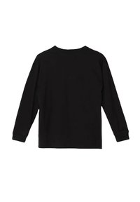 Maglietta nera a maniche lunghe con scollatura rotonda, realizzata in morbido cotone e con polsini aderenti. La vista posteriore mostra un aspetto semplice e uniforme.