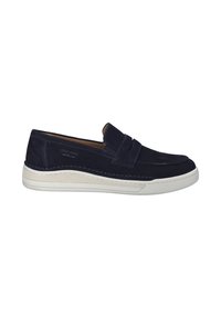 Navy suede slip-on shoes with a white rubber sole, featuring a stitched design and a front strap accent for easy wear.