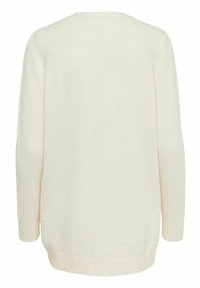 Ljusgräddig stickad cardigan med långa ärmar, ribbade manschetter och rundad halsringning. Mjuk textur och lös passform med en något längre baksida.