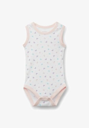 Body sans manches en coton pour bébé, blanc avec un motif de papillons pastel, bordure rose clair, fermeture à pression en bas pour un habillage facile.