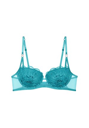 Teal kanten bh met onderdraad en netpanelen, voorzien van bloemendessin op de cups en verstelbare banden. Opvallend ontwerp en textuurcontrast.