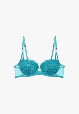 Soutien-gorge en dentelle turquoise avec armatures et panneaux en maille, comportant une broderie florale sur les bonnets et des bretelles réglables. Design frappant et contraste de textures.