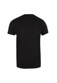 Sort kortærmet t-shirt lavet af bomuld. Har en rund halsudskæring, glat tekstur og en ensfarvet ryg uden logoer eller mønstre.