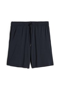 Dunkelmarineblaue Shorts aus weichem Material mit einem elastischen Bund, verstellbarem Kordelzug und Seitentaschen. Leicht und mit glatter Textur.