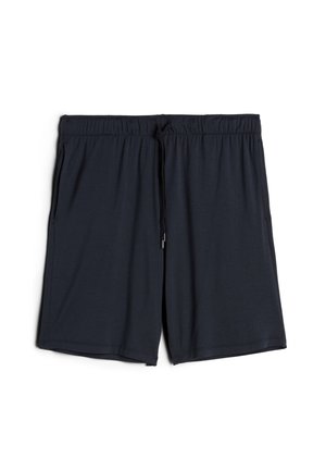 Ciemnoniebieskie szorty wykonane z miękkiego materiału, z elastycznym pasem, regulowanym sznurkiem i bocznymi kieszeniami. Lekki i gładki w dotyku.