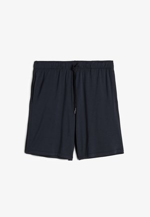 Donker marineblauwe shorts van zacht materiaal met een elastische tailleband, verstelbaar trekkoord en zijzakken. Lichtgewicht en gladde textuur.