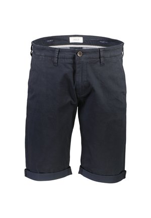 Navyblauwe katoenen shorts met een rechte snit, opgerolde zomen en een enkele voorste knoopsluiting. Voorzien van zijzakken en een subtiele textuur.