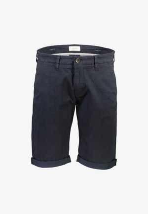 Marineblå bomuldsshorts med lige snit, opbrettede kanter og en enkelt knaplukning foran. Har sidelommer og en subtil tekstur.