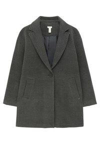 Manteau à carreaux gris avec un col cranté, une fermeture à un bouton et deux poches. Fabriqué en tissu texturé avec une doublure intérieure contrastée.