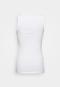 White tank top with a fitted design, made from a ribbed fabric. The back is smooth with no additional patterns or accents.