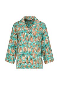 Korte mouwen overhemd met een teal, oranje en bruine bladerprint. Gemaakt van lichte stof met een kraag en knopen aan de voorkant.