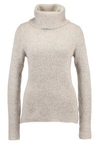 Béžový pletený rolák s vysokým límcem, dlouhými rukávy a měkkou, strukturovanou tkaninou, vhodný na vrstvení v chladnějším počasí.