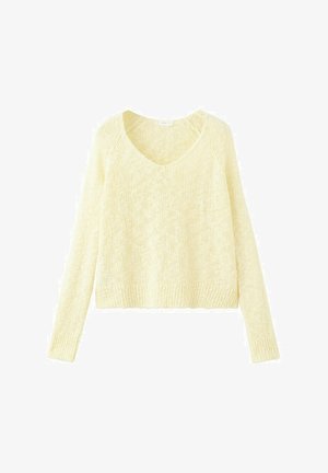 Mäkký pletený sveter s dlhým rukávom v bledožltej farbe s výstrihom do V a rebrovaným lemom a manžetami.