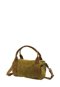 Sac en velours côtelé doré-brun avec poignées doubles, sangle latérale, fermeture à glissière et texture côtelée. Forme compacte et cylindrique pour un transport facile.
