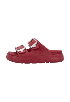 Red rubber sandals with two adjustable silver buckles, a thick sole, and textured accents. Open-toe design for breathability.