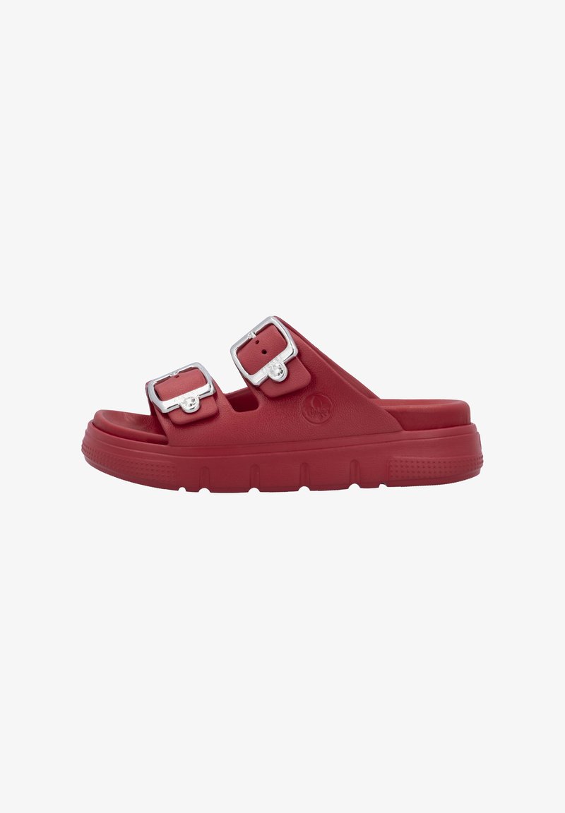 Red rubber sandals with two adjustable silver buckles, a thick sole, and textured accents. Open-toe design for breathability.