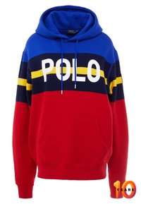 Sudadera colorida con rayas azules, rojas y marinas, texto en negrita "POLO" en blanco, cordones ajustables y un bolsillo frontal.