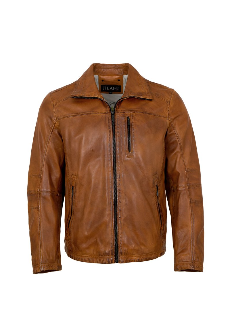 Hellbraune Lederjacke mit Reißverschluss an der Vorderseite, hoch geschlossenem Kragen und einer Brusttasche. Verfügt über gestickte Details und eine glatte Oberfläche.