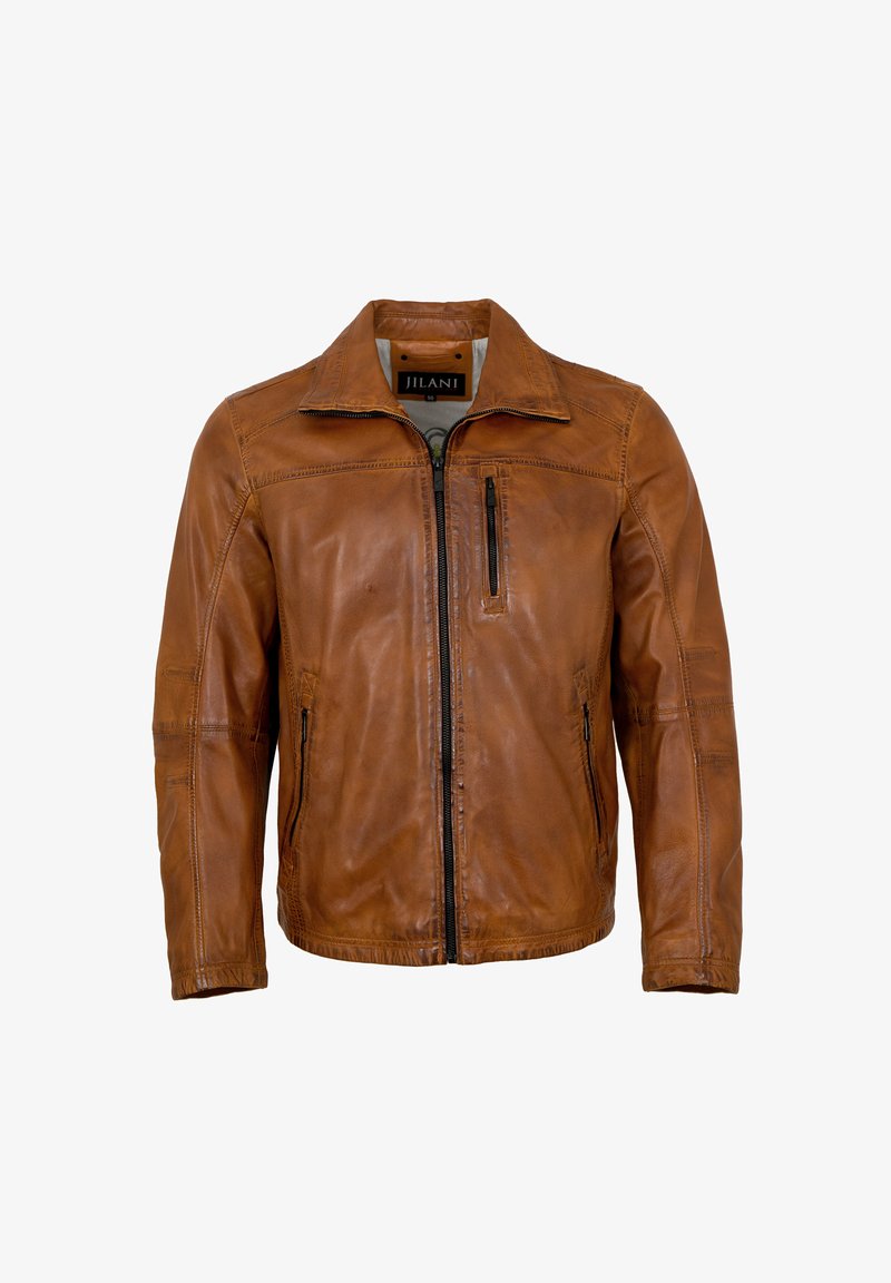 Hellbraune Lederjacke mit Reißverschluss an der Vorderseite, hoch geschlossenem Kragen und einer Brusttasche. Verfügt über gestickte Details und eine glatte Oberfläche.