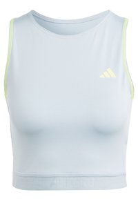 Lysblå atletisk crop top lavet af glat stof, med neongul kant og et præget "ADIZERO" logo forneden.
