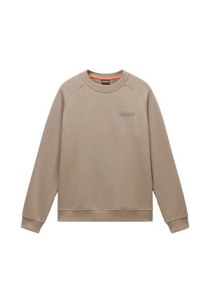 Beiger Sweatshirt aus weichem Material, mit Rundhalsausschnitt, Raglanärmeln und einem kleinen, eingeprägten Logo auf der Brust.
