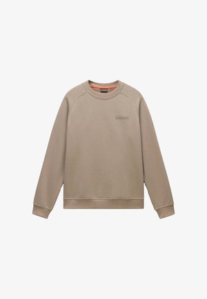 Beiger Sweatshirt aus weichem Material, mit Rundhalsausschnitt, Raglanärmeln und einem kleinen, eingeprägten Logo auf der Brust.