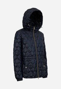 Veste matelassée bleu marine avec capuche, présentant une fermeture éclair dorée, deux poches avant et des poignets élastiques. Fabriquée en matériau léger et imperméable.
