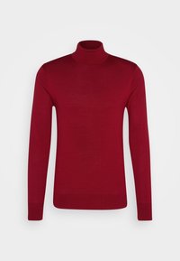 Pull à col roulé à manches longues de couleur rouge profond uni, avec col, poignets et ourlet côtelés, présenté sur un fond clair uni.